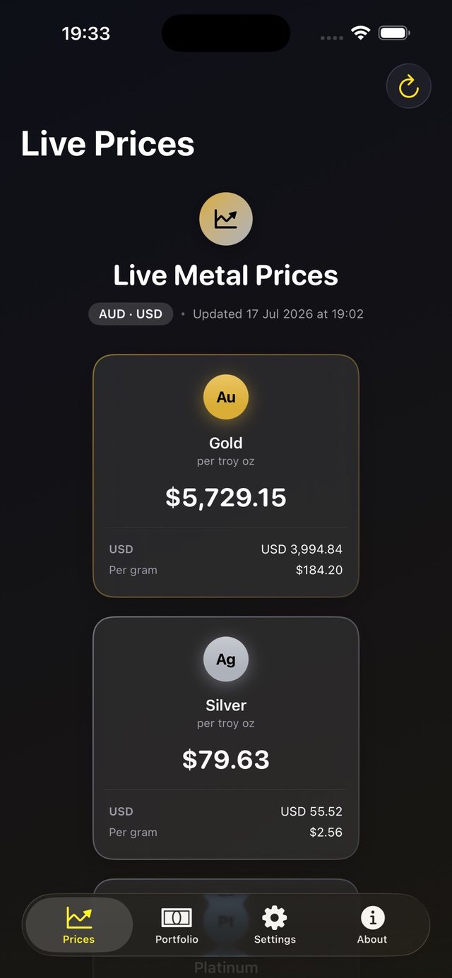 Bullion Keeper on iPhone showing the Live Prices tab with gold and silver price cards in Australian and US dollars
