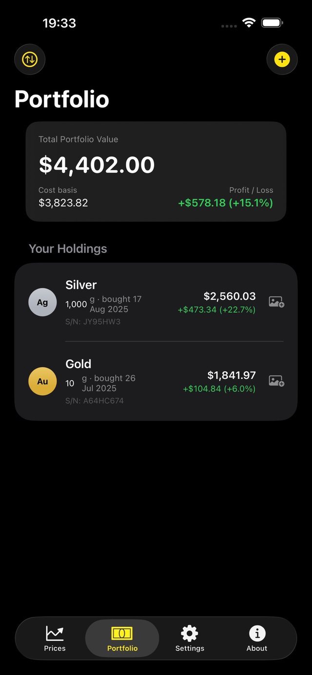 Bullion Keeper on iPhone showing the Portfolio tab with total value, cost basis and two holdings
