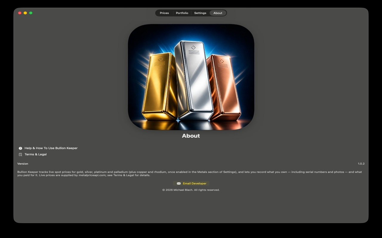 Bullion Keeper on Mac showing the About tab with the app icon, help links and version