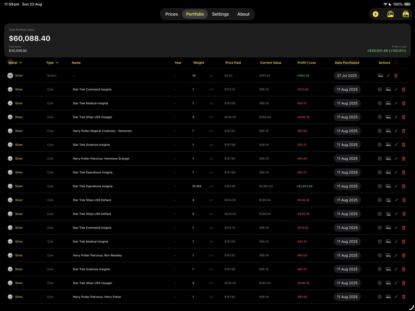Bullion Keeper portfolio table on iPad landscape