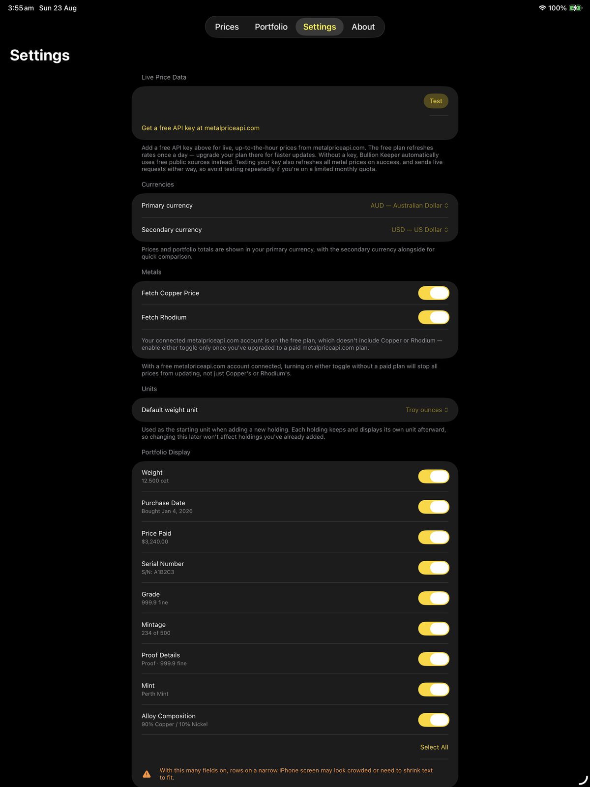 Bullion Keeper Settings screen on iPad portrait