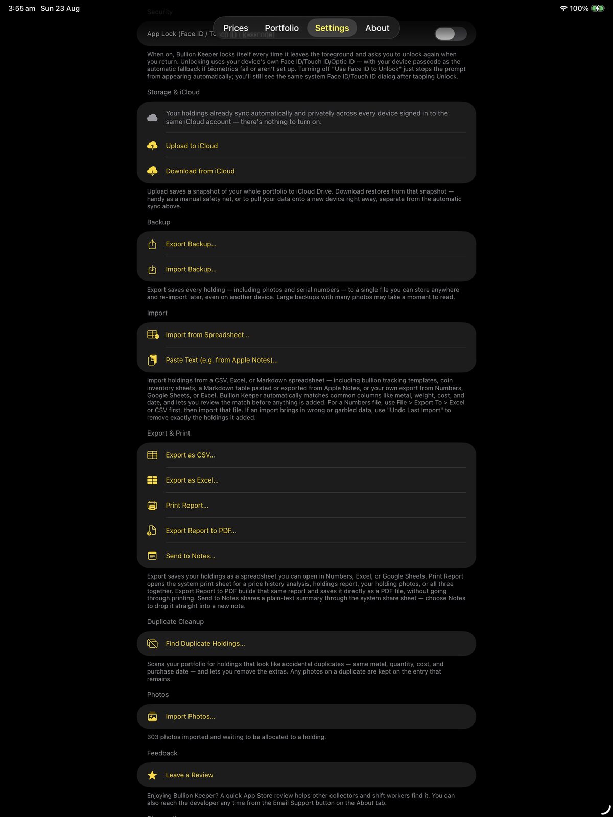 Bullion Keeper Settings scrolled to backup and import options
